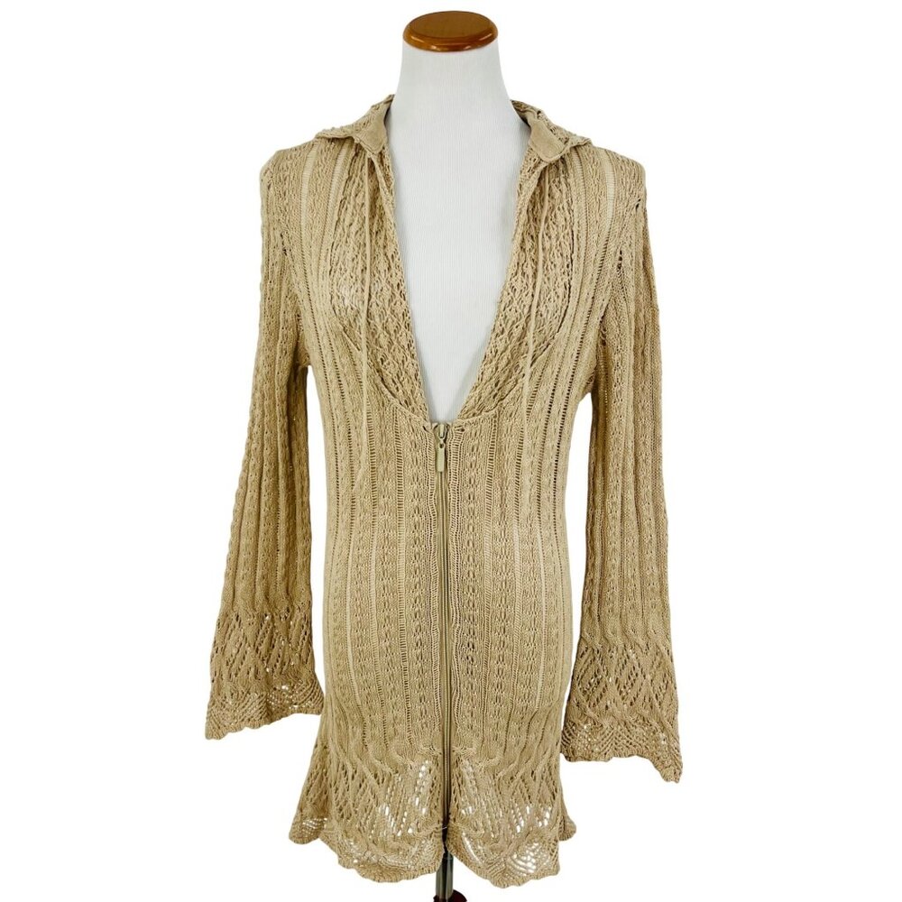 T-Party Vintage Inspired Hooded Zip-Front Bell Sleeve Crochet Cardigan